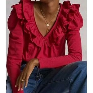 Anthropologie hot pink prairie puff sleeve cottage ruffle long sleeve top sz xs